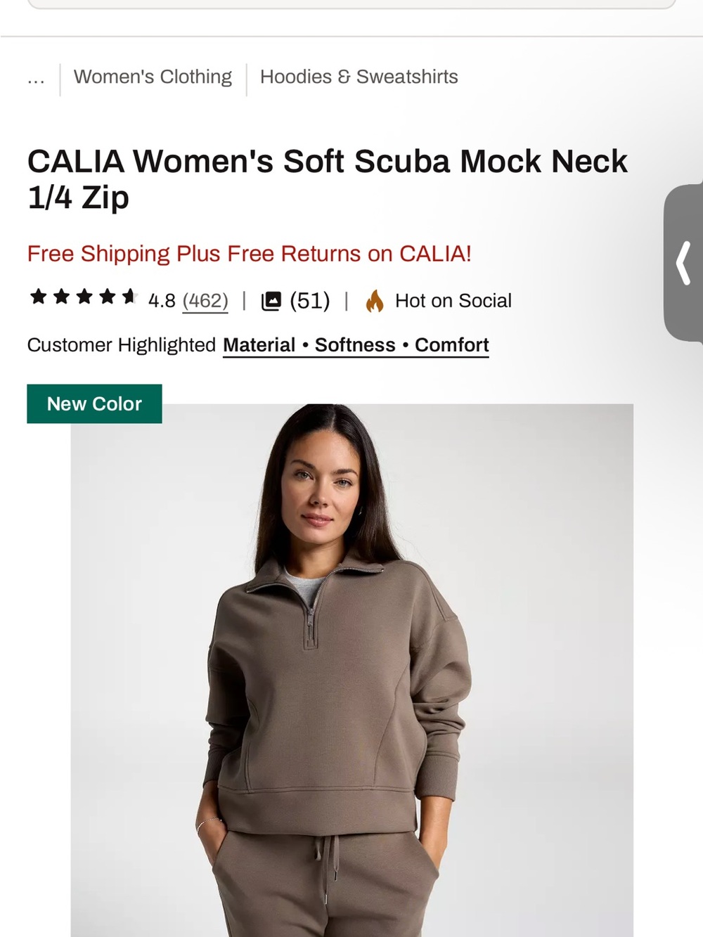 CALIA Women's Soft Scuba Mock Neck 1/4 Zip Sweatshirt - Taupe - Picture 3 of 6